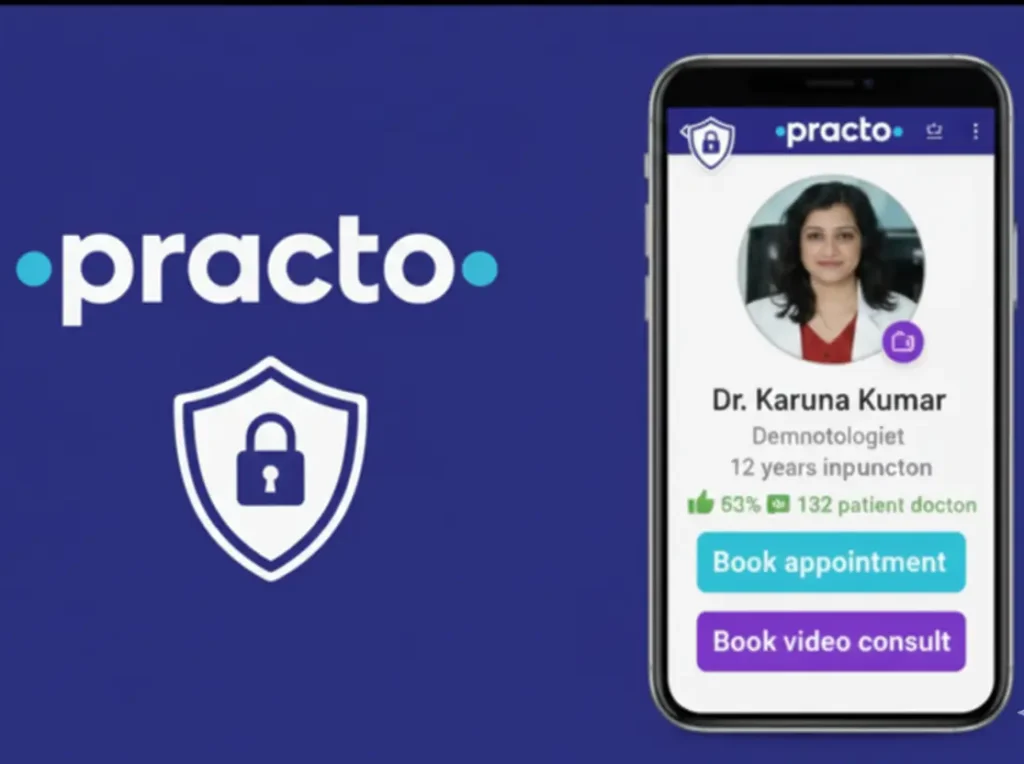 Practo healthcare app showing secure doctor profile and encrypted patient data protection