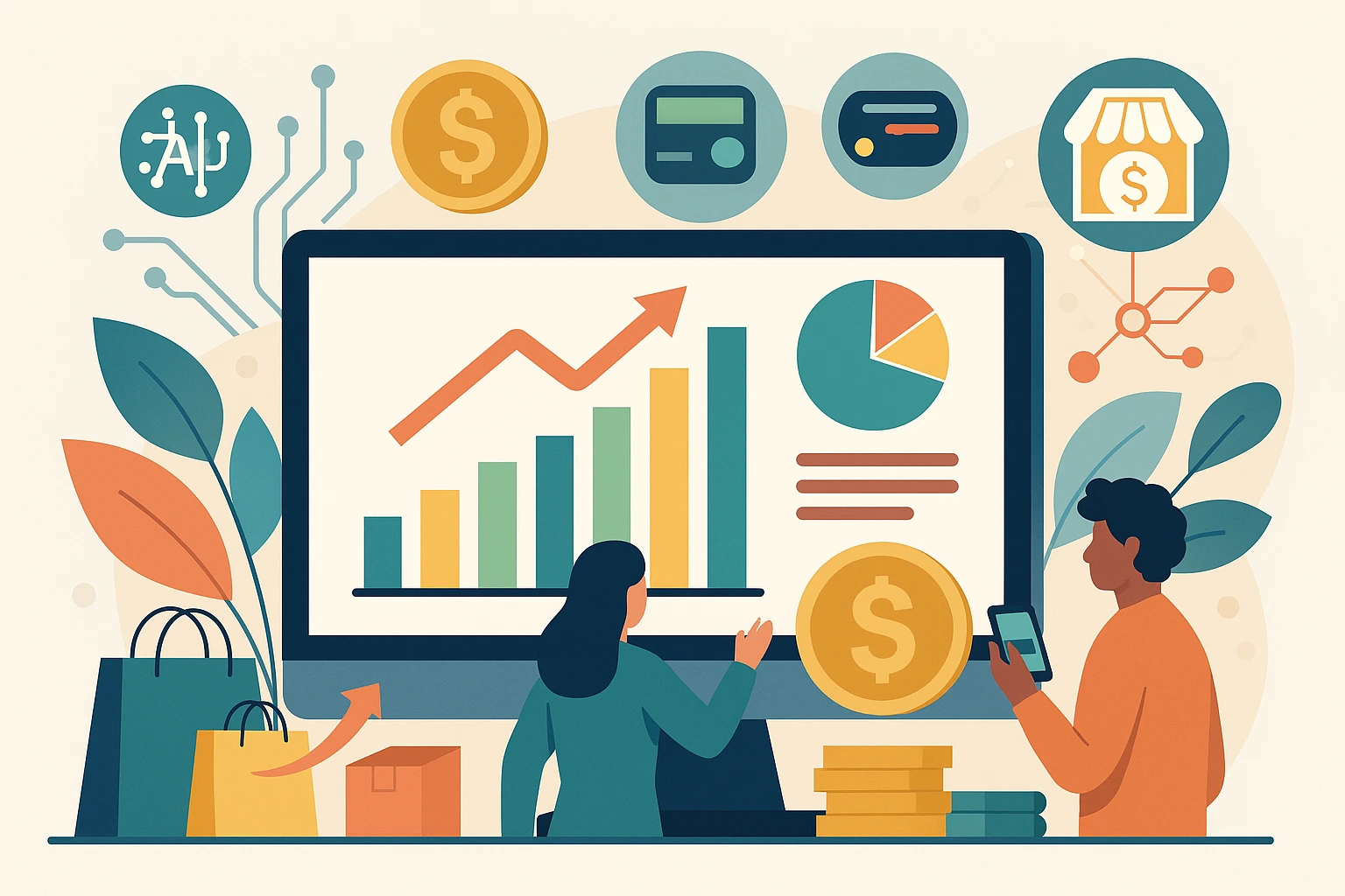 Creative illustration of Rakuten-style e-commerce marketplace analytics with revenue charts, merchant dashboards, and digital commerce elements for a revenue model blog.