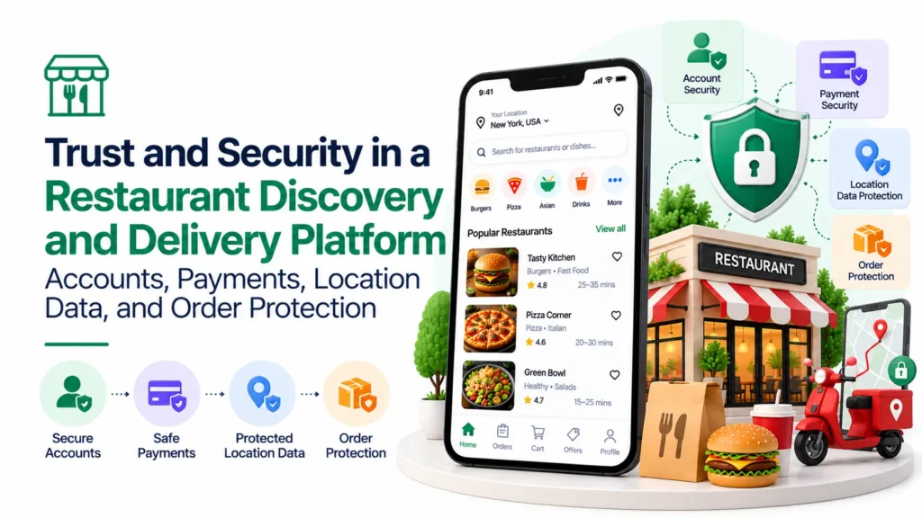 Trust and security in a restaurant discovery and delivery platform covering account security, payment security, location data protection, and order protection