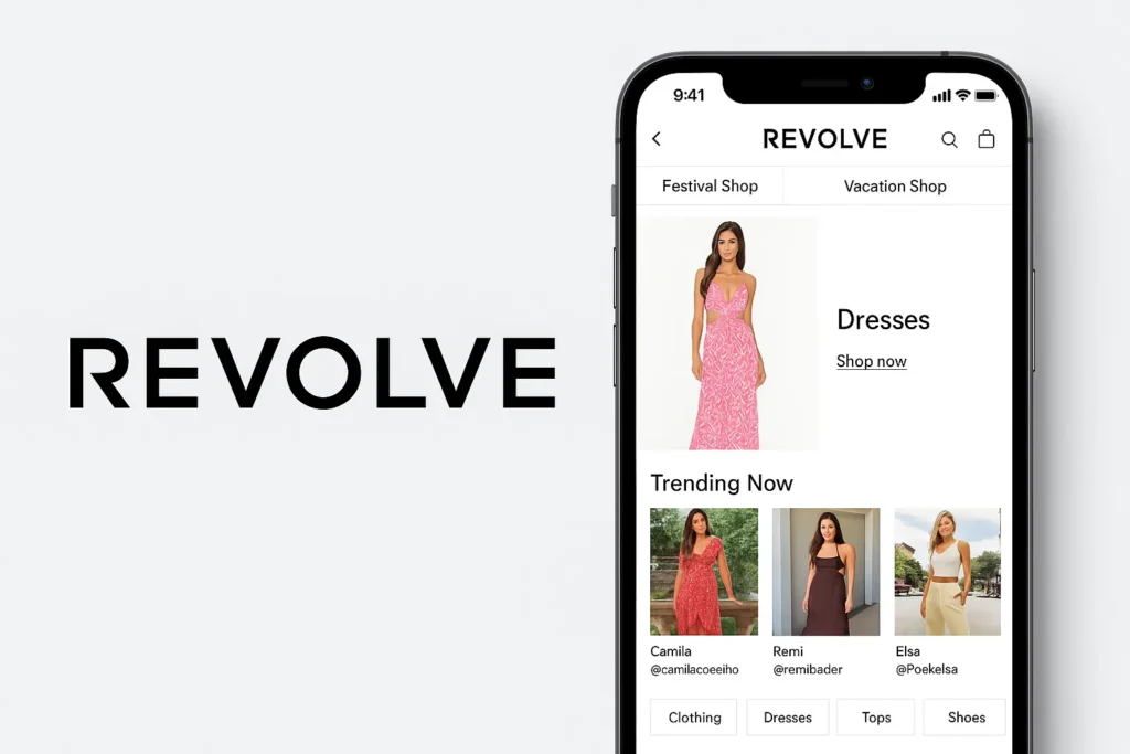 Revolve logo next to a smartphone displaying the Revolve app home screen with trending fashion items and category tabs.