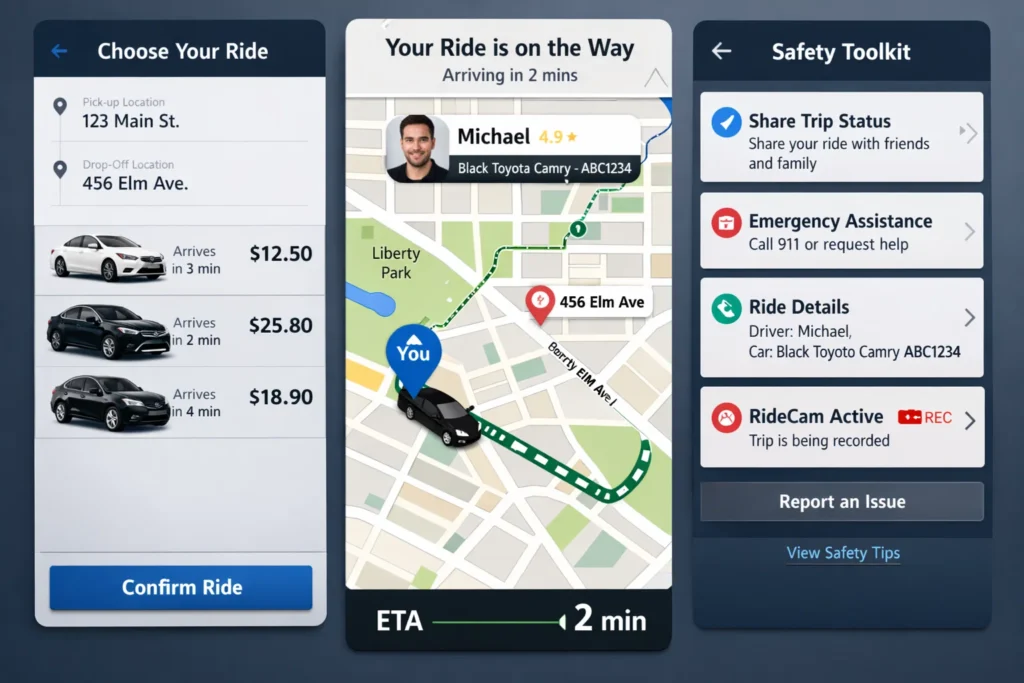 Ride-hailing app screens showing car options with prices, live ride tracking on a map, and a safety toolkit with share trip status, emergency assistance, ride details, and RideCam recording