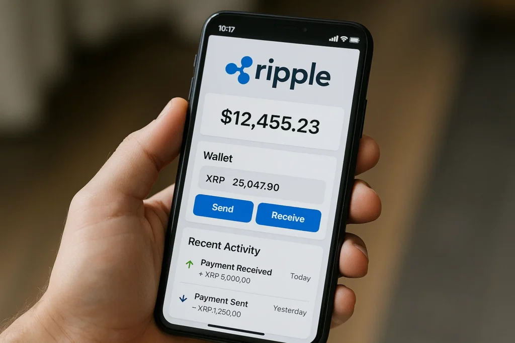 Close-up of a hand holding a smartphone displaying a Ripple-branded crypto wallet app. The screen shows a main balance of $12,455.23 and a wallet section indicating 25,047.90 XRP. Below are two blue buttons labeled “Send” and “Receive,” followed by a Recent Activity list with transactions such as “Payment Received +XRP 5,000.00 Today” and “Payment Sent –XRP 1,250.00 Yesterday.” The interface illustrates how users can view XRP balances, send and receive Ripple payments, and track recent transactions from a mobile wallet.