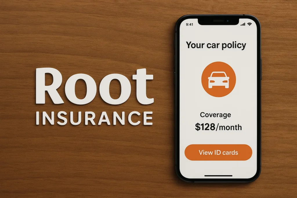 A mobile phone displaying the Root Insurance app screen on a wooden background. The screen shows “Your car policy” with an orange car icon, monthly coverage pricing of $128, and a button labeled “View ID cards.” To the left of the phone, the Root Insurance logo appears in large white text. The layout highlights Root’s digital-first car insurance model, mobile policy management, and simplified pricing.