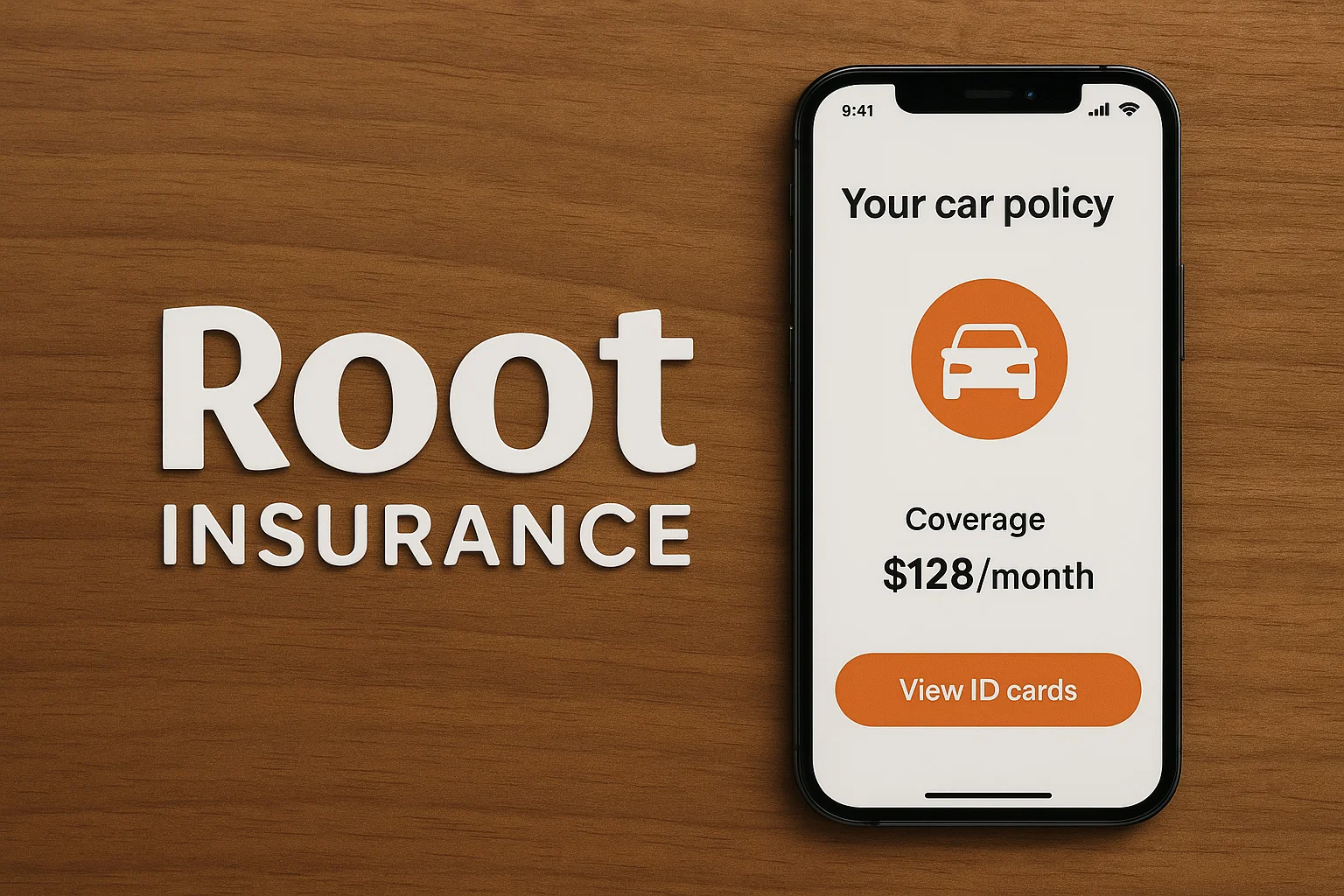 A mobile phone displaying the Root Insurance app screen on a wooden background. The screen shows “Your car policy” with an orange car icon, monthly coverage pricing of $128, and a button labeled “View ID cards.” To the left of the phone, the Root Insurance logo appears in large white text. The layout highlights Root’s digital-first car insurance model, mobile policy management, and simplified pricing.