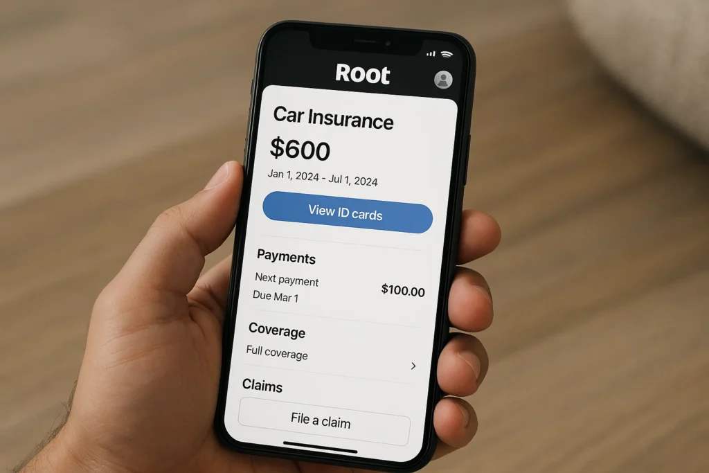 A person holding a smartphone displaying the Root Insurance mobile app. The screen shows a car insurance policy costing $600 for the period Jan 1, 2024 to Jul 1, 2024, along with a blue “View ID cards” button. Below it are payment details showing the next $100 payment due on March 1, full coverage information, and a “File a claim” option. The background is a warm indoor wooden surface, emphasizing the clean, user-friendly digital insurance interface.