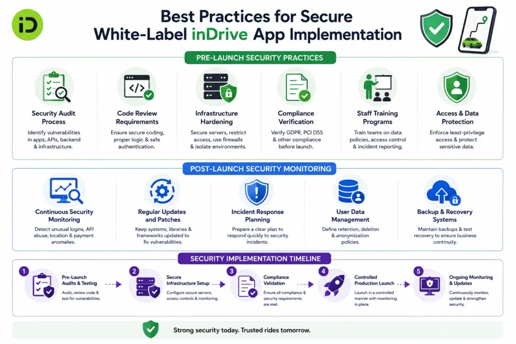 Secure white-label inDrive app implementation process covering security audits, compliance verification, monitoring, updates, and data protection