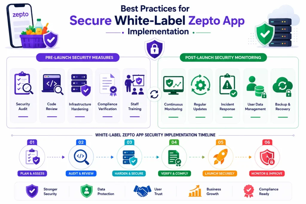 How Safe is a White-Label Zepto App? Security Guide 2026 2 Secure white-label Zepto app implementation process with security audits, compliance checks, monitoring, updates, and data protection measures