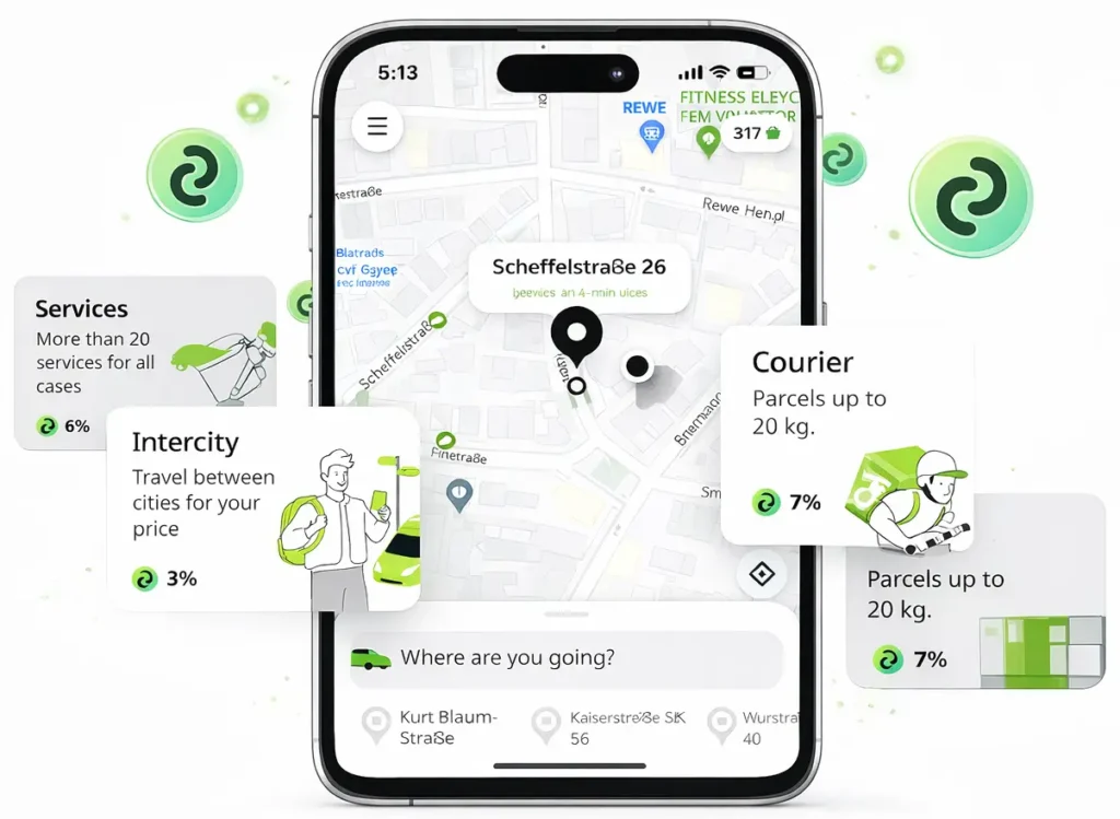White-label inDrive app interface showing ride booking, courier service, intercity travel, and real-time map navigation on a mobile screen