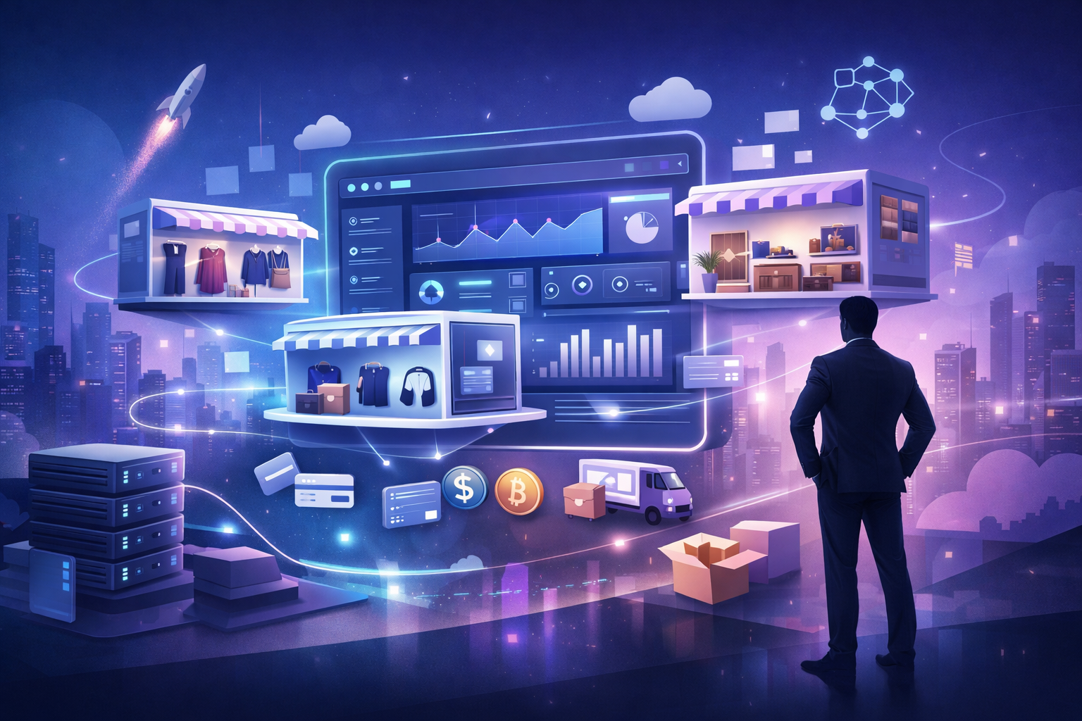 Shopify clone script SaaS platform concept showing scalable multi-store eCommerce ecosystem