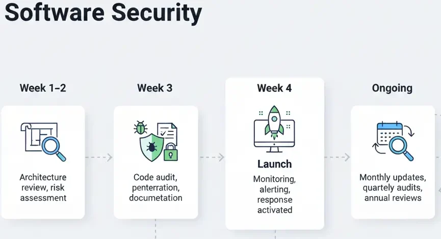 White-label app security implementation timeline showing audit, penetration testing, launch monitoring, and ongoing compliance