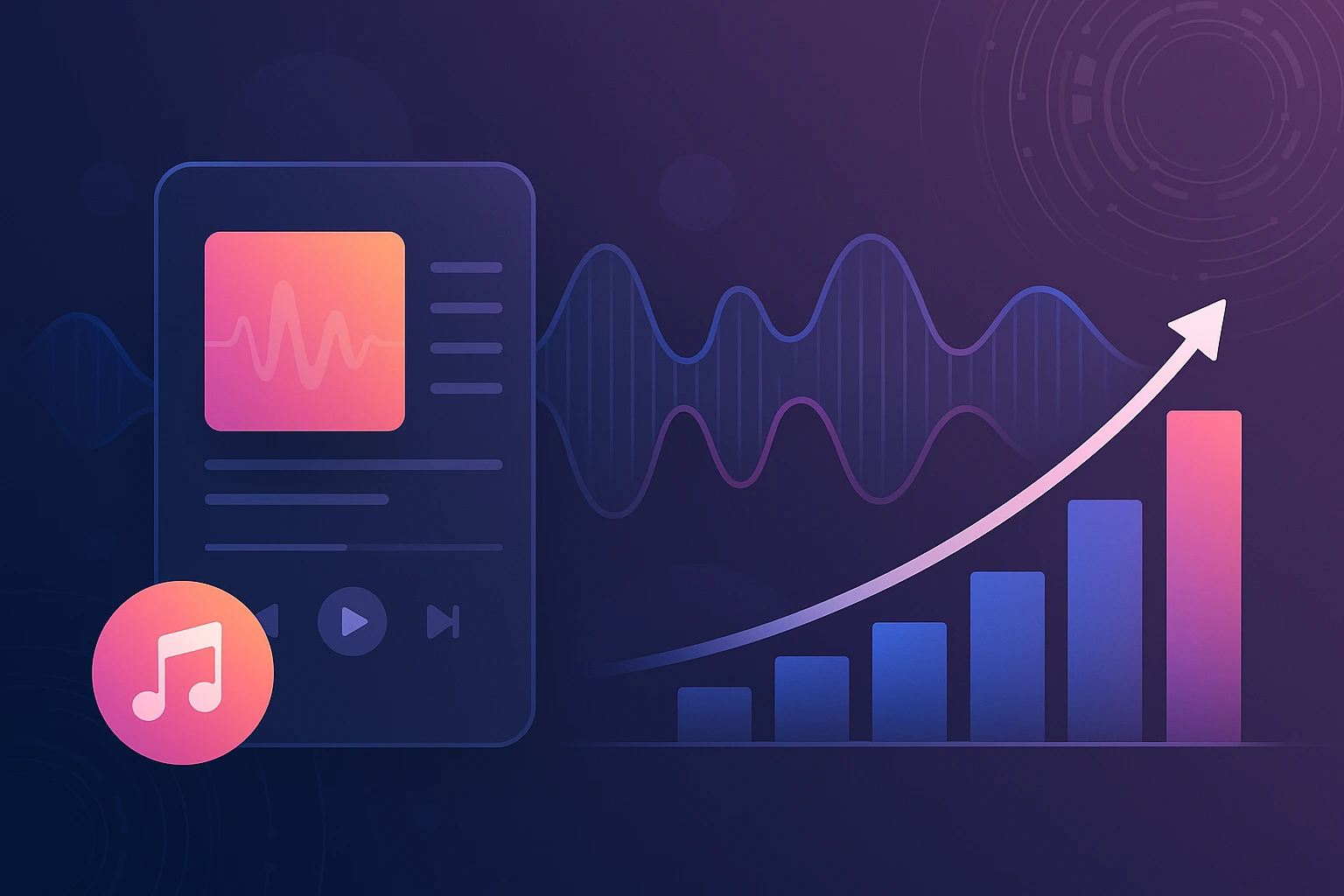A modern, visually appealing abstract representation of a music streaming platform with digital sound waves, revenue growth visuals, and tech elements integrated.