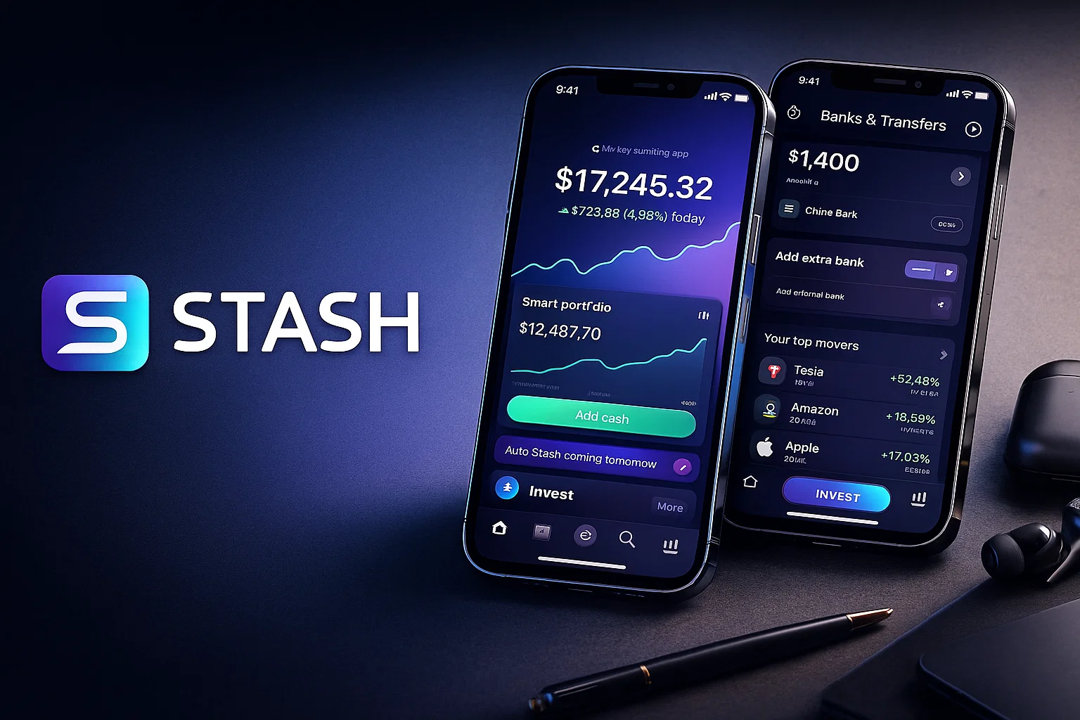 Stash investing app interface showing portfolio balance, smart portfolio performance graph, add cash option, auto stash feature, and banks and transfers screen with top stock movers like Tesla, Amazon, and Apple.