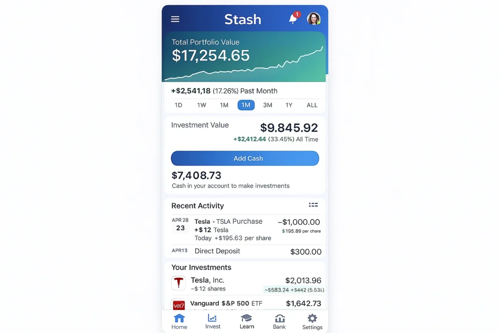 Stash investing app dashboard displaying total portfolio value, monthly growth chart, investment value, available cash balance, recent activity including Tesla stock purchase, and a list of active investments in a mobile interface.