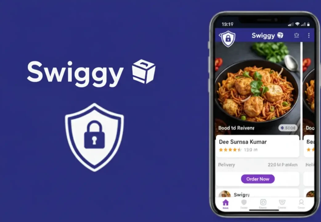Swiggy food delivery app showing secure ordering interface with data protection and user privacy shield