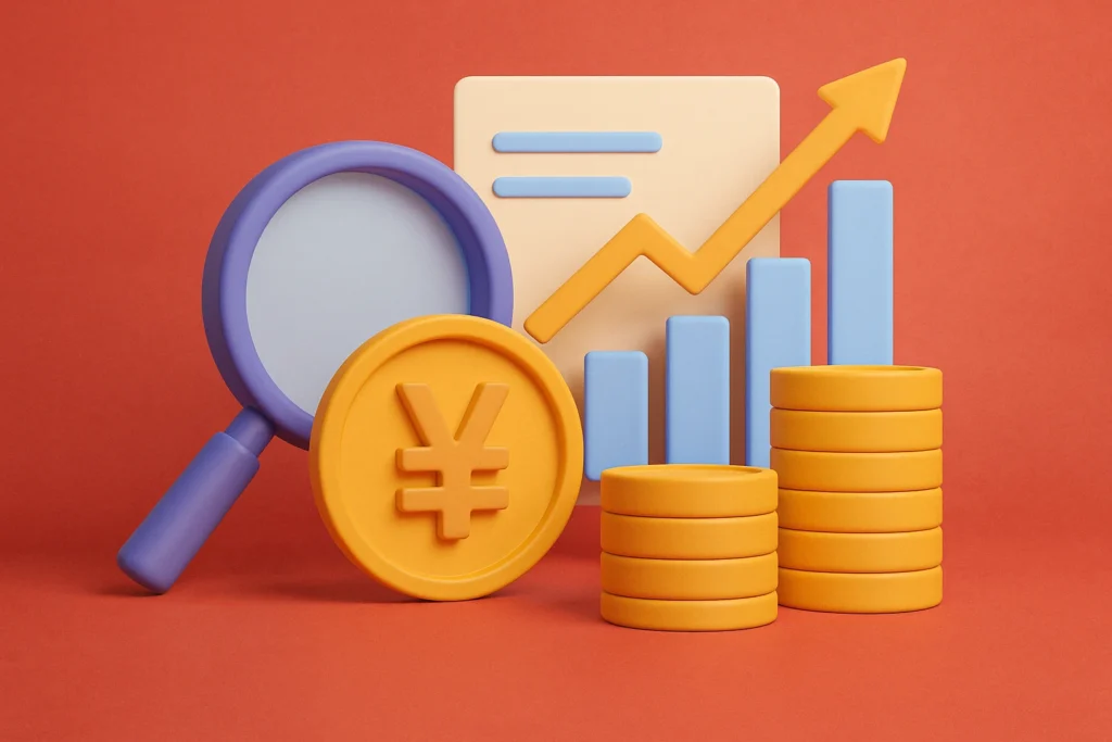 3D illustration showing magnifying glass, yuan coin, and rising bar graph representing Taobao’s revenue growth and monetization model.