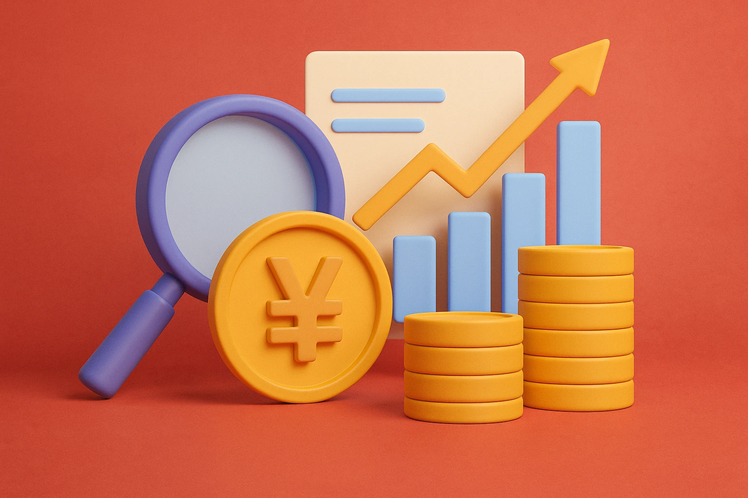 3D illustration showing magnifying glass, yuan coin, and rising bar graph representing Taobao’s revenue growth and monetization model.
