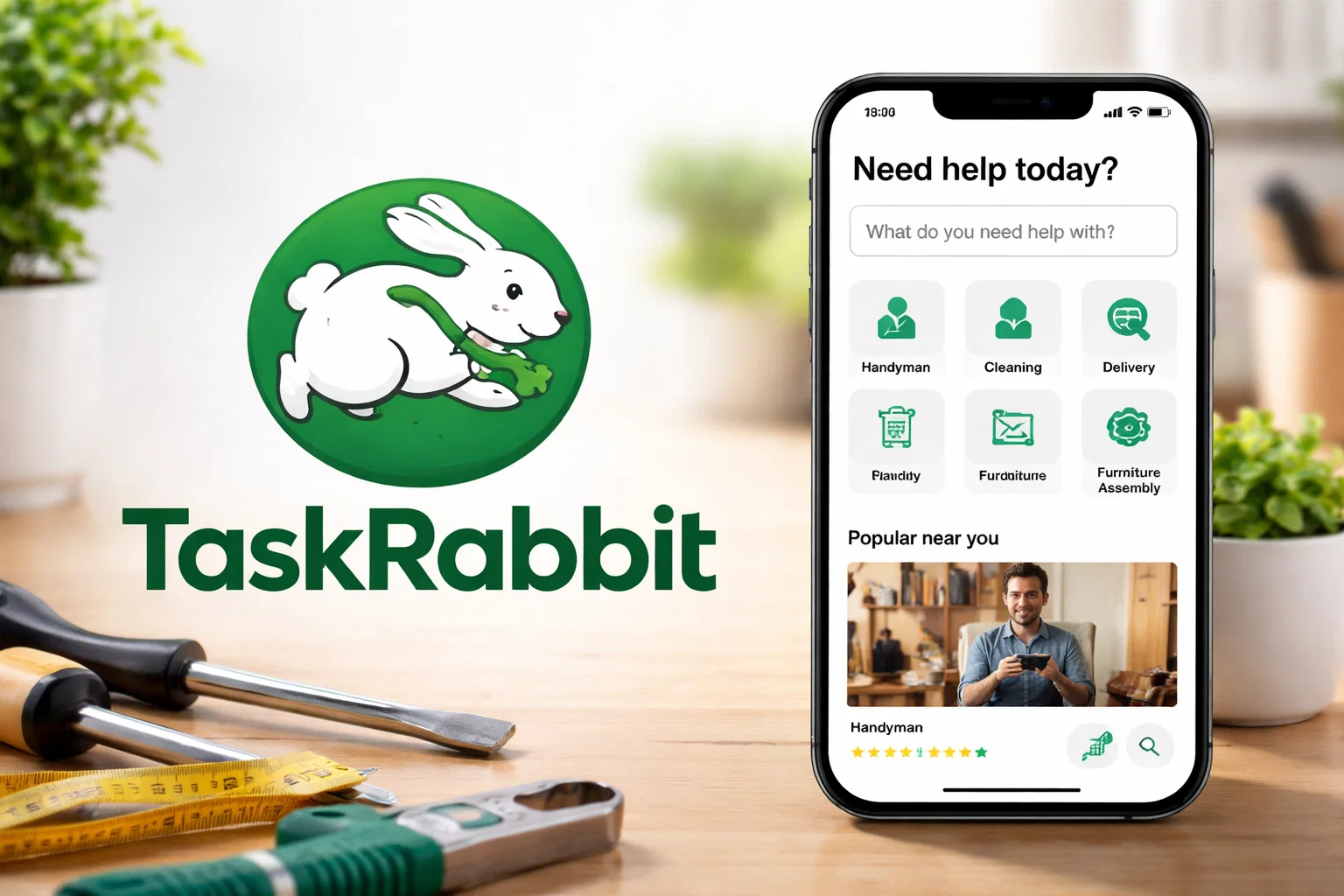 TaskRabbit home services marketplace app showing on-demand handyman, cleaning, furniture assembly, and delivery services, with mobile app interface for booking local service providers and managing tasks in real time.