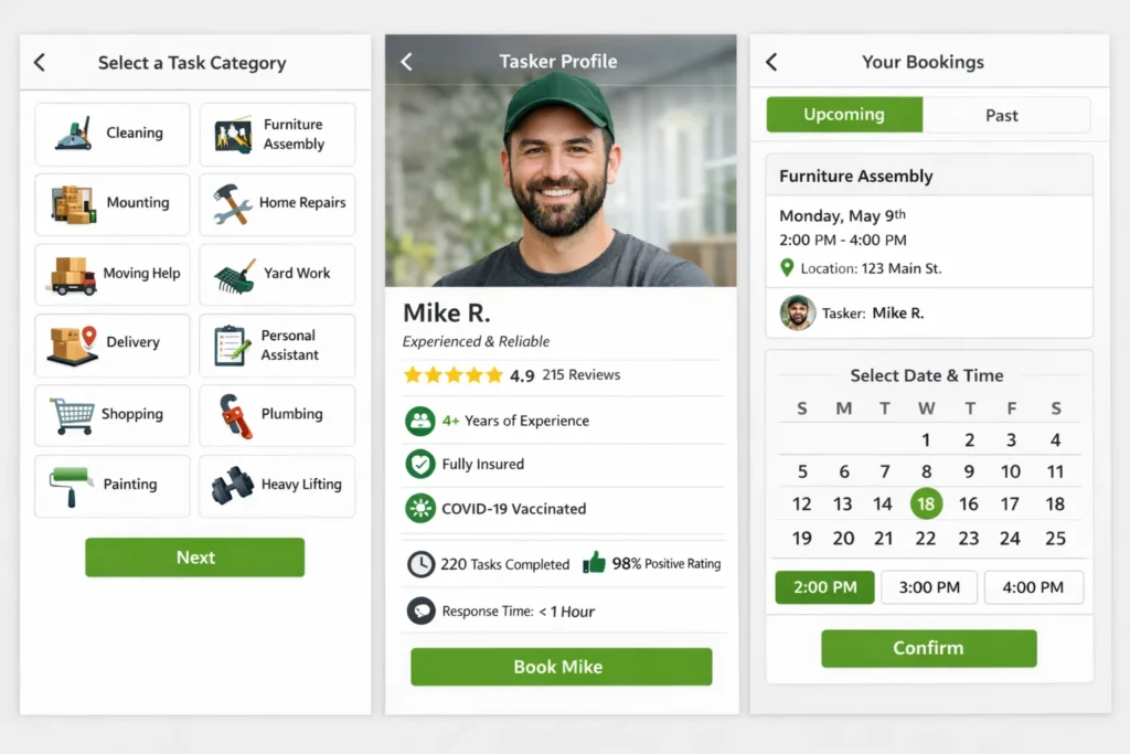 TaskRabbit mobile app screens showing task category selection, detailed tasker profile with ratings and experience, and booking calendar for scheduling on-demand services such as furniture assembly, cleaning, moving, plumbing, and handyman work.