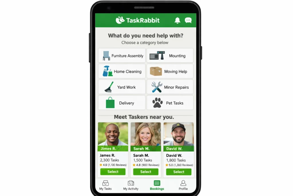 TaskRabbit mobile app interface displaying task discovery categories and recommended local taskers, allowing users to book handyman, cleaning, moving, delivery, and personal assistant services with hourly pricing, ratings, and reviews.