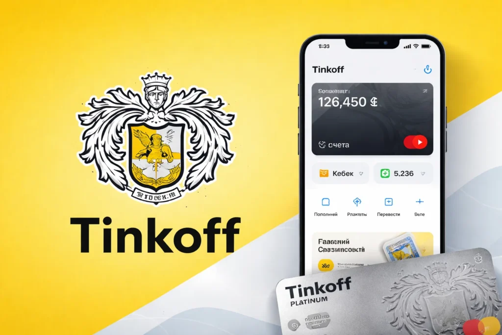 Tinkoff digital banking mobile app interface displayed on a smartphone showing account balance, cashback rewards, quick banking actions, and a Tinkoff Platinum credit card, representing a modern neobank experience with mobile-first financial services and smart money management.