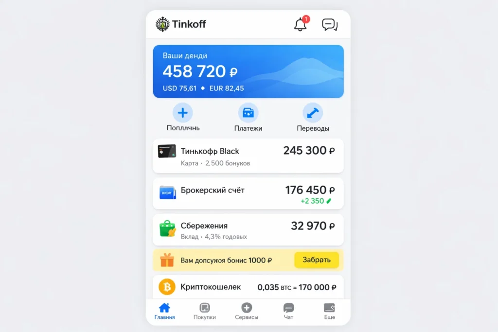 Tinkoff mobile banking app dashboard showing total balance in rubles with linked accounts including debit card, brokerage account, savings, crypto wallet, bonus rewards, and quick actions for payments and transfers, representing a full-stack digital banking and fintech ecosystem.