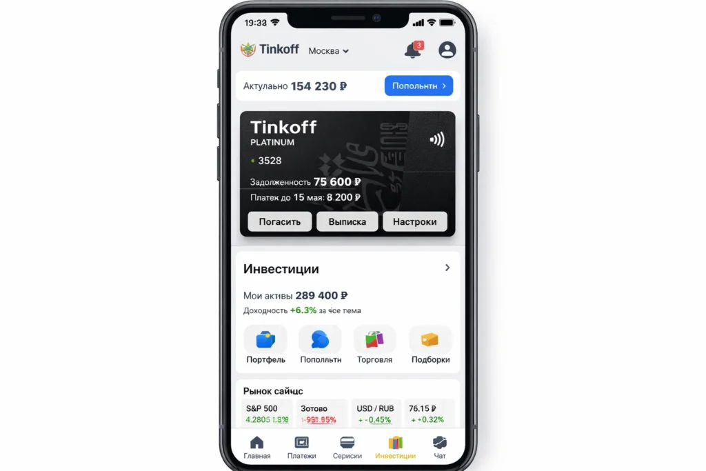 Tinkoff mobile banking app screen showing Platinum card details, available balance in rubles, outstanding credit amount, repayment options, integrated investment portfolio with asset value and returns, market indices tracking, and quick access to payments, services, and trading features in a unified fintech dashboard.