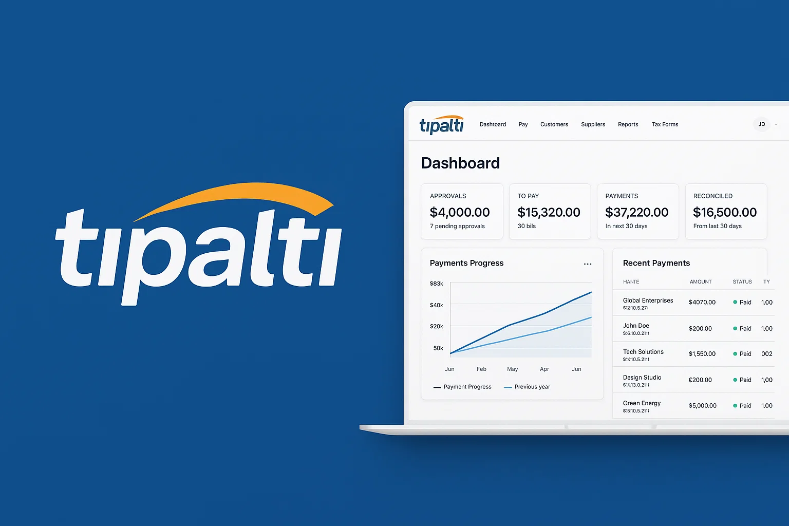 Promotional image featuring the Tipalti logo on a blue background next to a laptop screen displaying the Tipalti finance and payments automation dashboard.