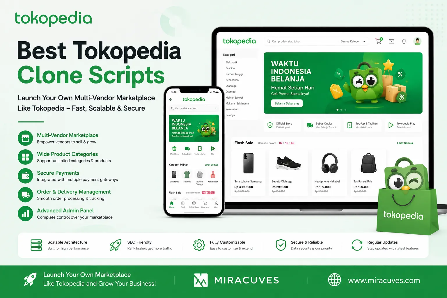 Tokopedia clone script infographic showing multi-vendor ecommerce marketplace features, secure payments, admin panel, and scalable shopping platform interface