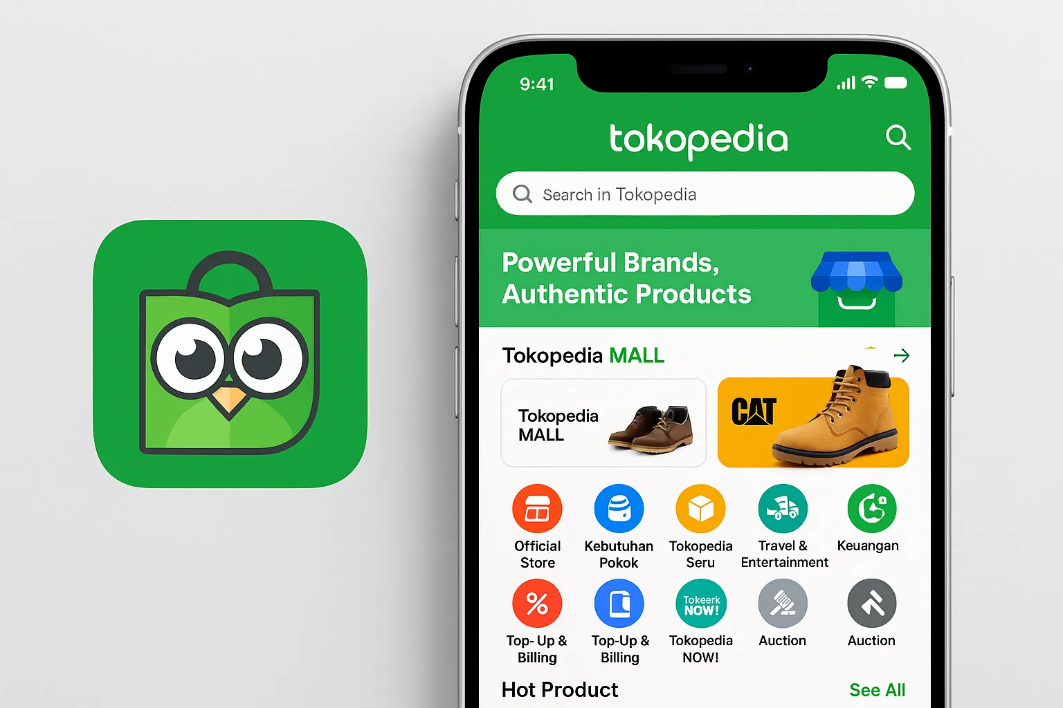 Tokopedia green owl logo next to the home screen interface showing Tokopedia Mall promotions and category icons.
