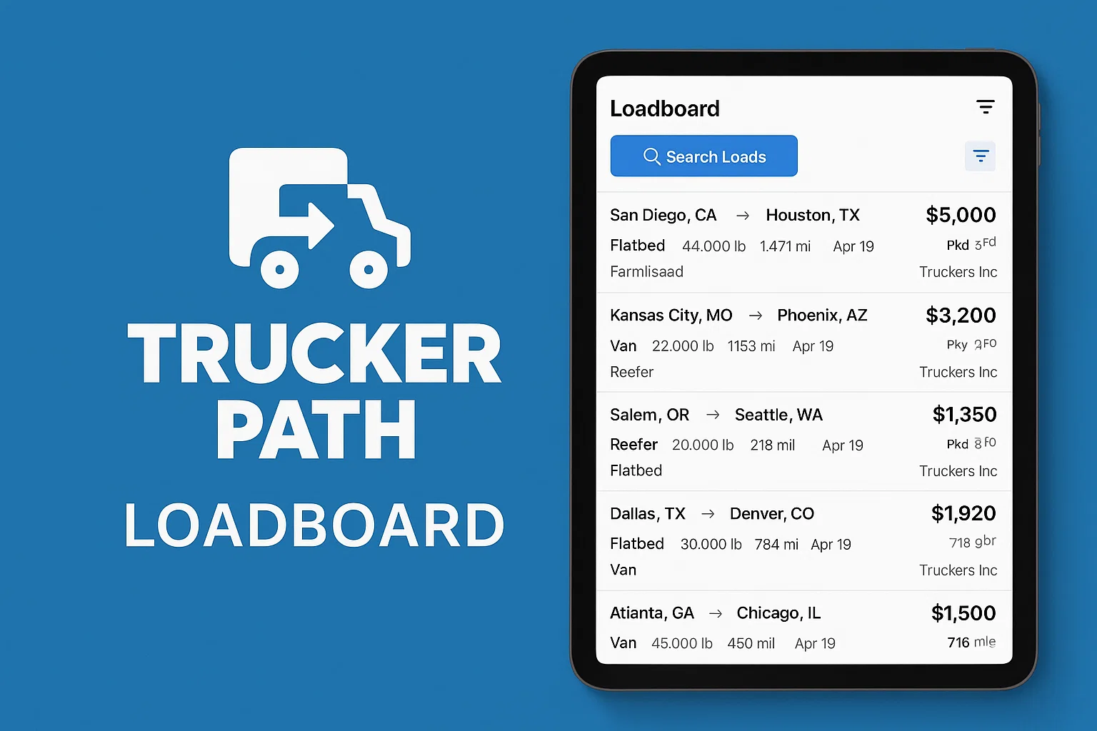 Promotional graphic showing the Trucker Path Loadboard interface on a tablet screen alongside the Trucker Path logo on a blue background. The loadboard UI lists available freight loads such as San Diego, CA to Houston, TX for $5,000; Kansas City, MO to Phoenix, AZ for $3,200; Salem, OR to Seattle, WA for $1,350; Dallas, TX to Denver, CO for $1,920; and Atlanta, GA to Chicago, IL for $1,500. Each listing includes equipment type (Flatbed, Van, Reefer), weight, mileage, and pickup date. A blue “Search Loads” bar appears at the top, showing how truckers search, compare, and book freight loads in real time using the Trucker Path platform.