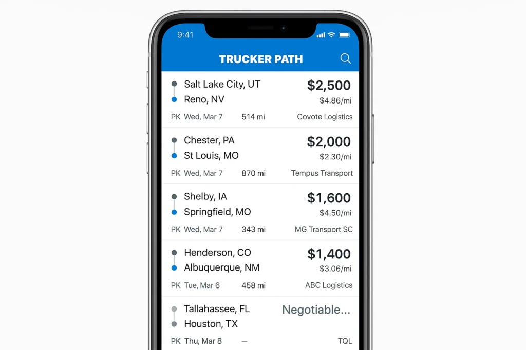 Mobile interface of the Trucker Path loadboard app displaying a list of real-time freight loads. Loads shown include Salt Lake City, UT to Reno, NV paying $2,500 at $4.86 per mile by Covote Logistics; Chester, PA to St. Louis, MO paying $2,000 at $2.30 per mile by Tempus Transport; Shelby, IA to Springfield, MO paying $1,600 at $4.50 per mile by MG Transport SC; and Henderson, CO to Albuquerque, NM paying $1,400 at $3.06 per mile by ABC Logistics. Each listing includes pickup date, mileage, and carrier name. The blue Trucker Path header includes a search icon, showcasing how truckers use the mobile app to find profitable loads quickly.