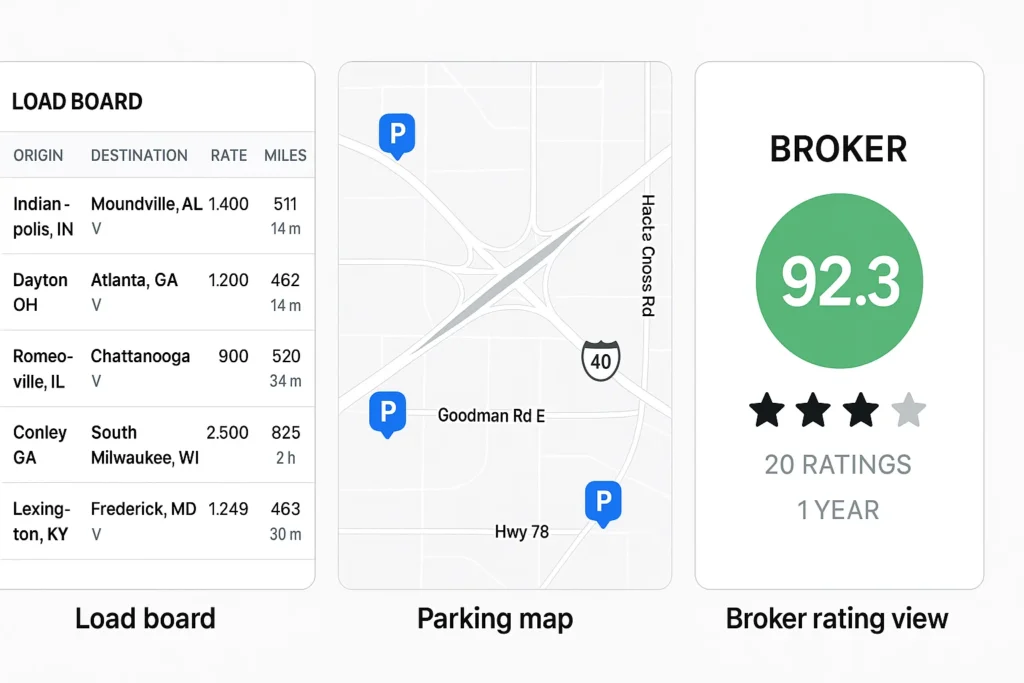 Three-panel trucking app interface showing a load board, a parking availability map, and a broker rating view. The load board lists routes such as Indianapolis, IN to Moundville, AL paying 1.400; Dayton, OH to Atlanta, GA paying 1.200; Romeoville, IL to Chattanooga, IL paying 900; Conley, GA to South Milwaukee, WI paying 2.500; and Lexington, KY to Frederick, MD paying 1.249. The middle panel displays a map around Highway 40 with blue “P” parking icons showing available truck parking locations near Goodman Rd E and Hwy 78. The right panel features a broker rating badge showing a score of 92.3, four-star rating, 20 ratings, and 1-year history. This UI highlights how trucking apps integrate load search, parking navigation, and broker verification tools for drivers.