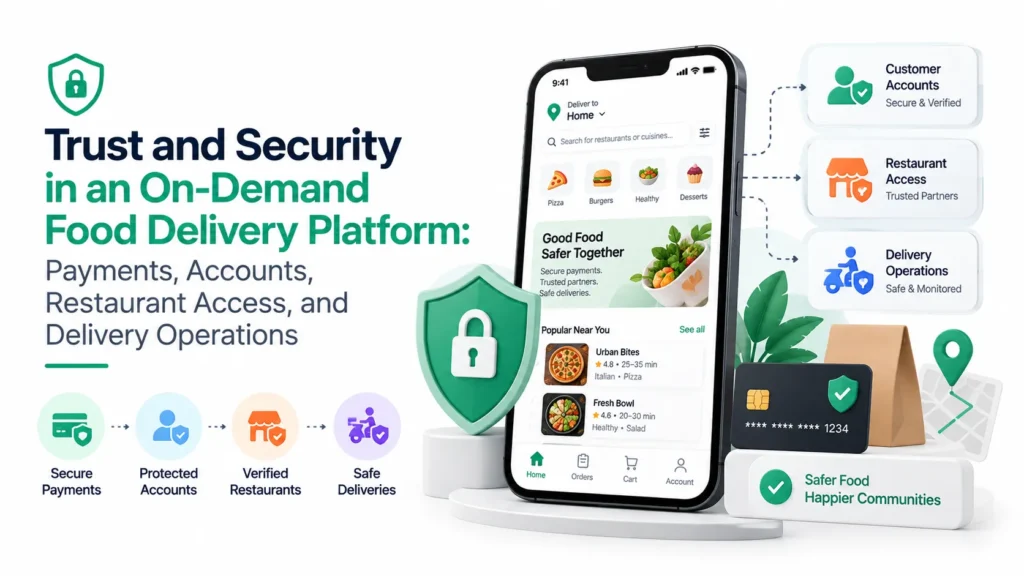 Trust and security in an on-demand food delivery platform covering secure payments, protected customer accounts, restaurant access, and safe delivery operations