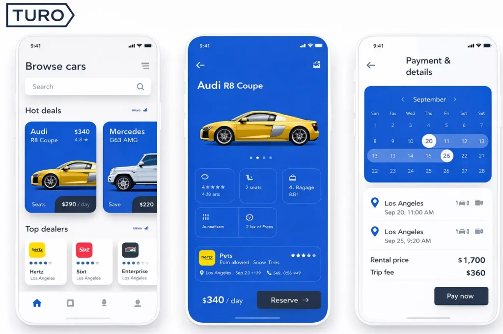 Turo app interface showing car browsing, vehicle details, and secure payment flow in a white-label car sharing app