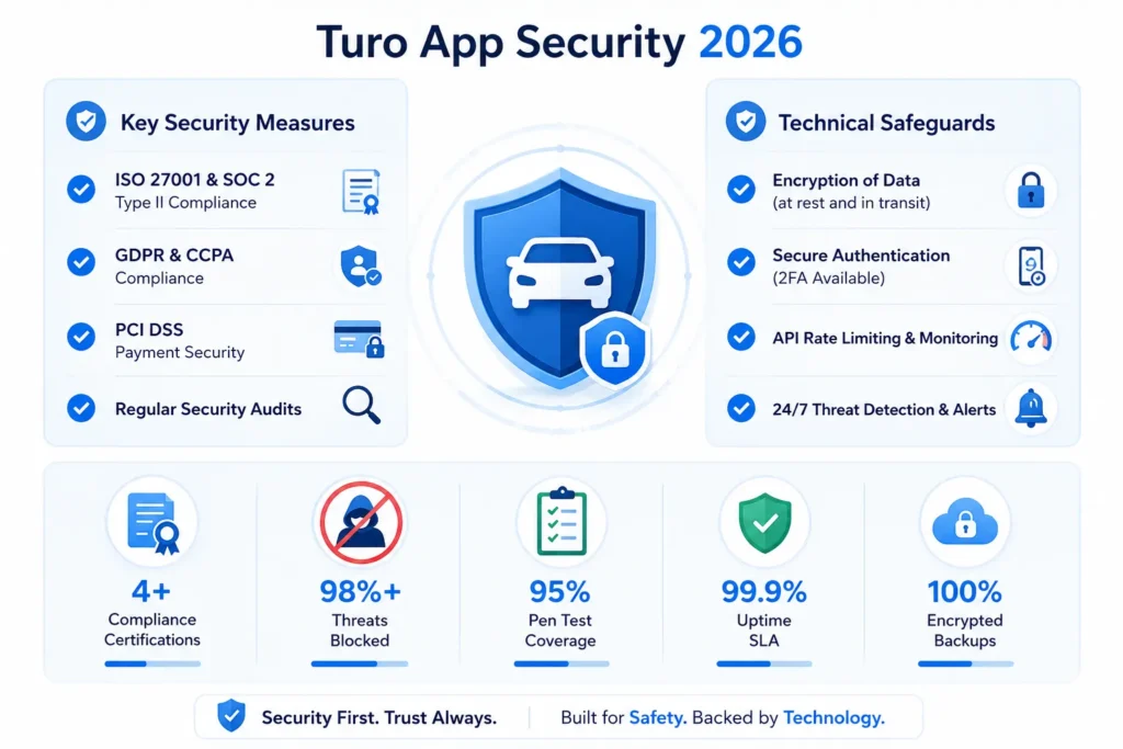 How Safe Is a White-Label Turo App? Security Guide 2026 2 Turo app security 2026 visual showing car rental platform protection, compliance measures, encryption, secure authentication, API monitoring, threat detection, audits, and encrypted backups.