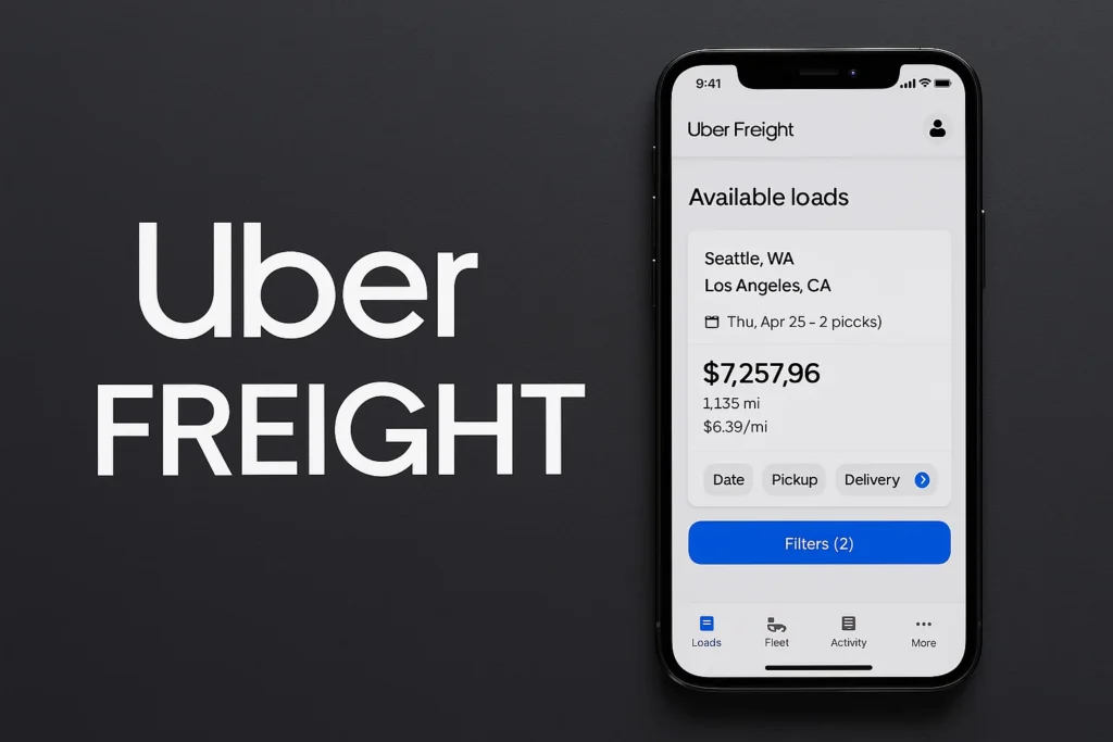Mobile interface of the Uber Freight app displayed on a smartphone showing available freight loads. The load card highlights a shipment from Seattle, WA to Los Angeles, CA, scheduled for Thursday, April 25 with two pickups.