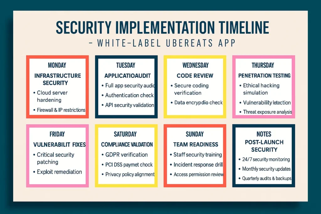 White-label UberEats app security implementation timeline showing daily infrastructure hardening, code audit, penetration testing, compliance validation, and post-launch monitoring