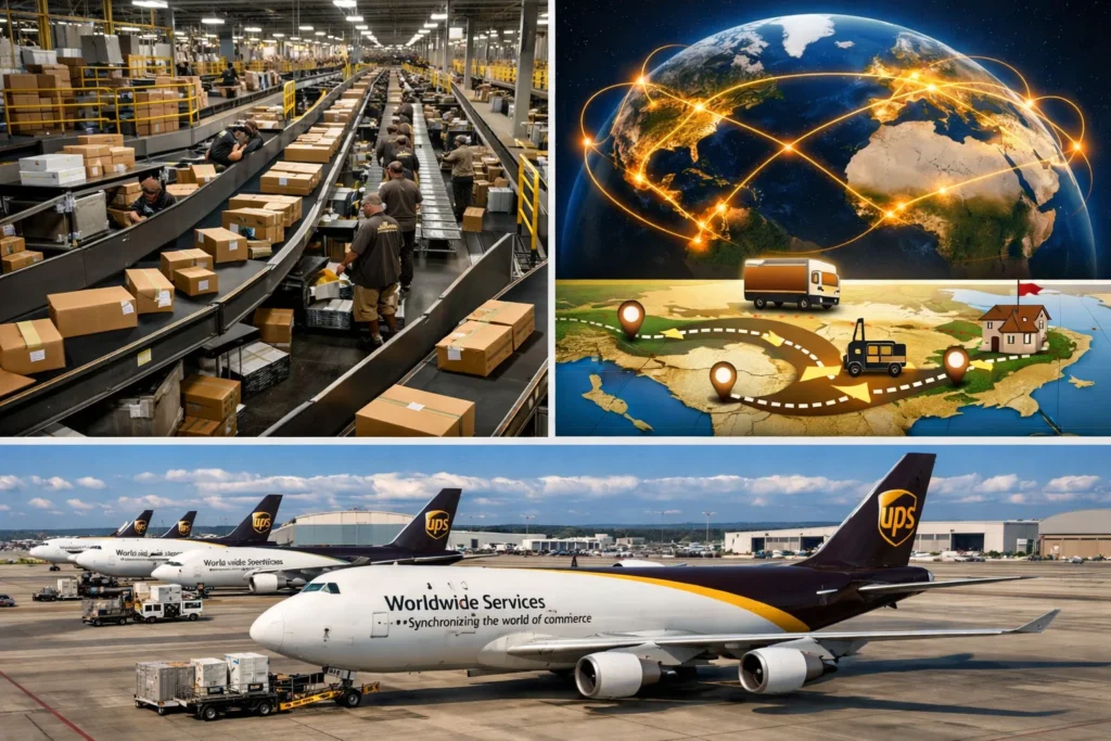 UPS fulfillment center operations combined with a global logistics network showing automated parcel sorting lines, worldwide shipping routes, last-mile delivery mapping, and UPS cargo aircraft representing end-to-end supply chain, air freight, and international courier services.
