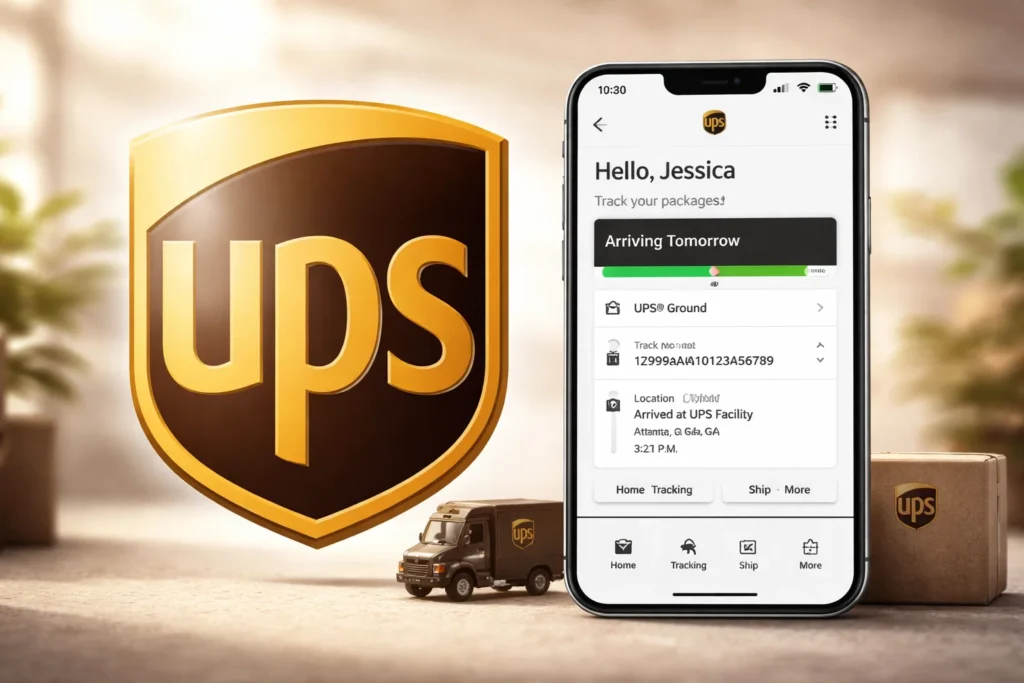 UPS shipment tracking displayed on a mobile app with real-time delivery status, progress indicators, and location options, shown alongside a UPS delivery truck and brand logo representing courier, parcel tracking, and last-mile logistics services.