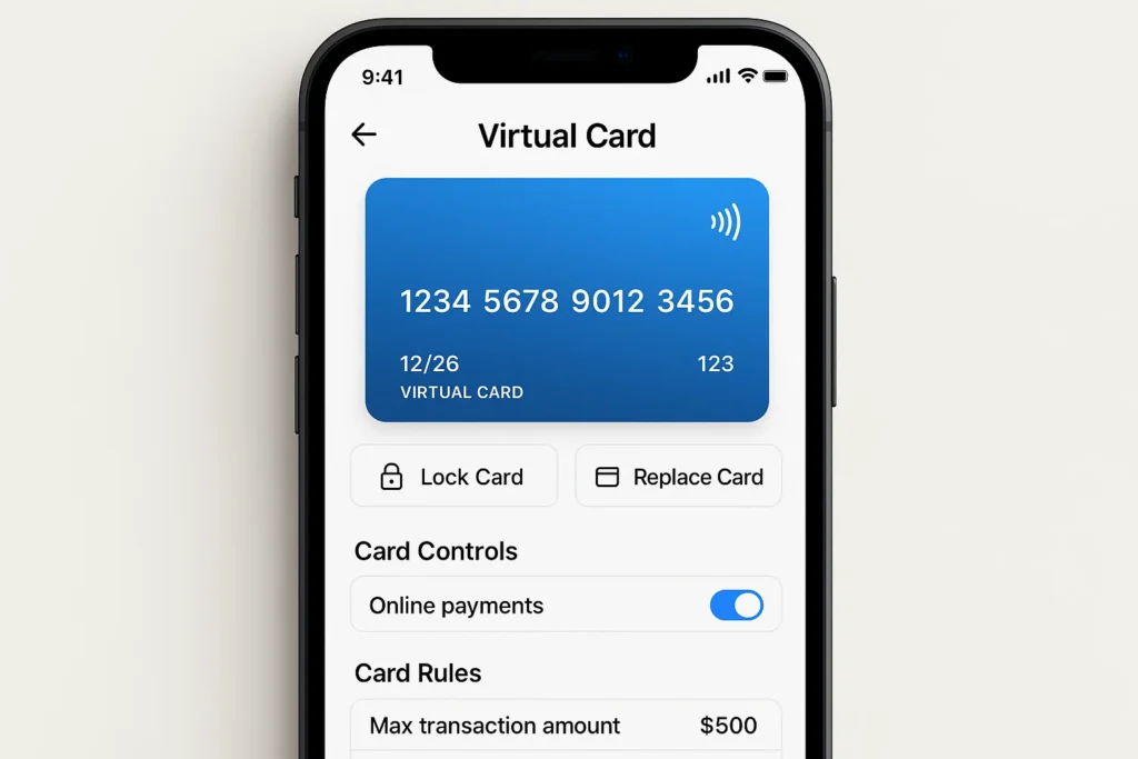 Mobile app interface displaying a blue virtual payment card with card number, expiry date 12/26, and CVC. Below the card, the screen includes options to Lock Card and Replace Card. The interface also shows Card Controls such as toggling online payments on or off, and Card Rules including max transaction amount set to $500. This UI represents a modern fintech feature that allows users to manage digital cards, set spending limits, enable or disable payment channels, and enhance security through card locking and replacement.