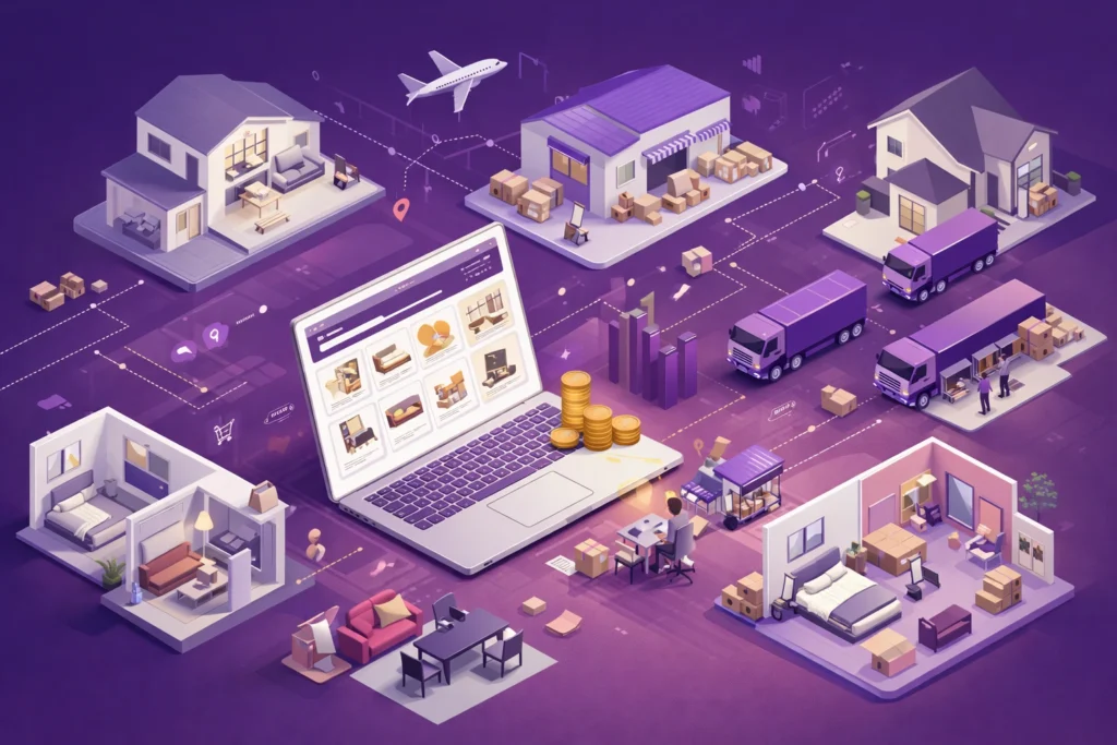 Wayfair revenue model showcasing online furniture marketplace, supplier network, and logistics ecosystem