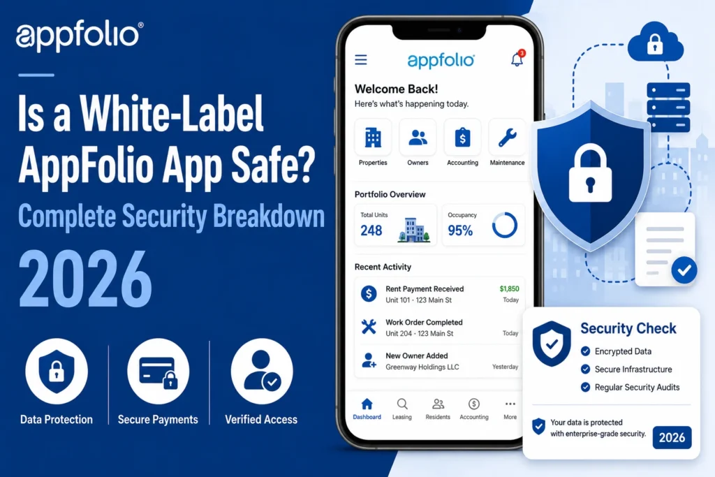 White-label AppFolio app security graphic showing encrypted data, secure payments, verified access, protected cloud infrastructure, and regular security audits.