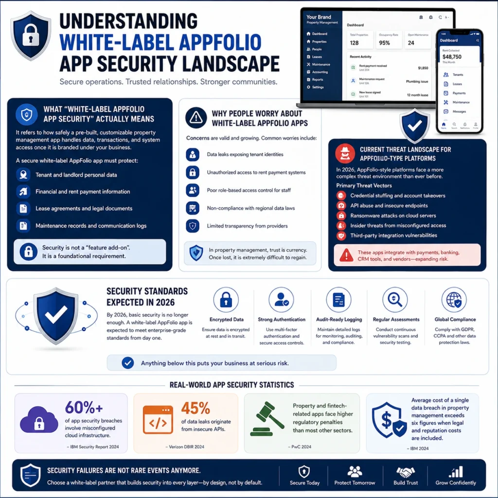 Is a White-Label AppFolio App Safe? Complete Security Breakdown 2026 1 White-label AppFolio app security infographic covering tenant data protection, payment risks, authentication, encrypted data, audits, compliance, and cloud security.