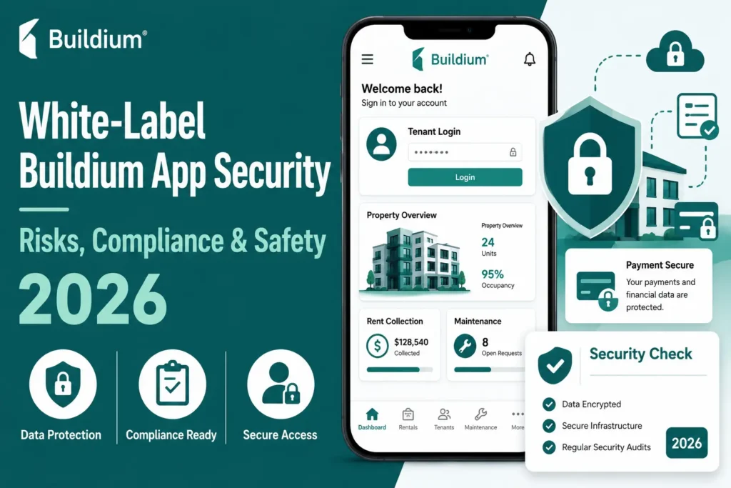 White-label Buildium app security graphic showing data protection, compliance readiness, secure access, encrypted payments, protected infrastructure, and security audits.