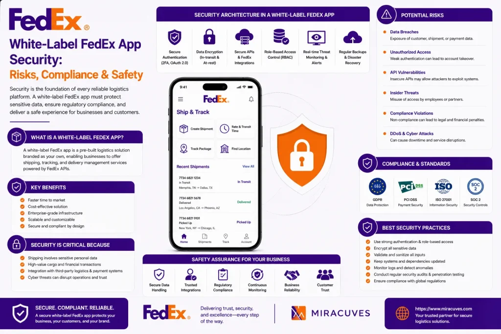 White-label FedEx app security infographic showing logistics app protection, compliance standards, secure APIs, threat monitoring, and cybersecurity risks