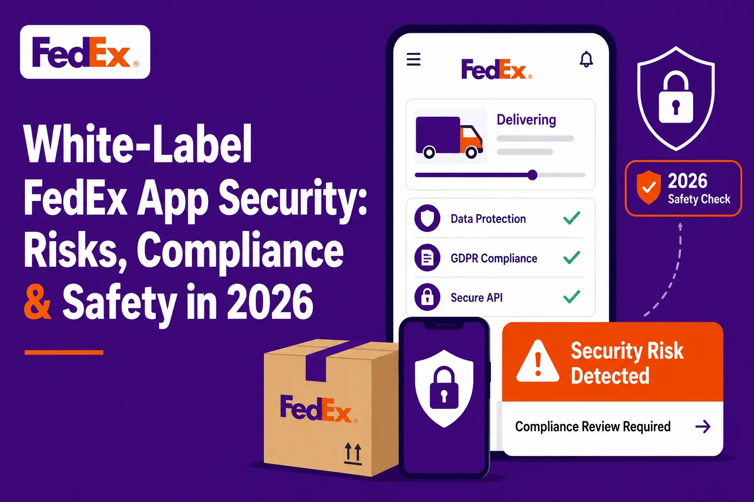White-label FedEx app security featured image showing parcel delivery tracking, data protection, GDPR compliance, secure API checks, security risk alerts, package safety, and 2026 logistics app compliance.