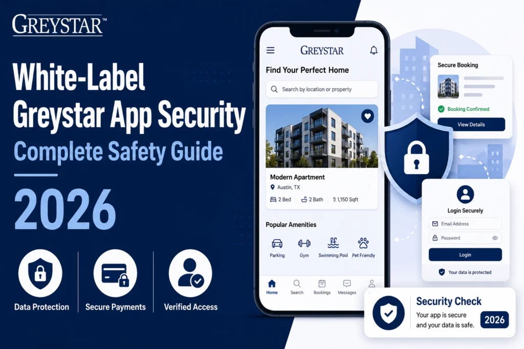White-label Greystar app security graphic showing data protection, secure payments, verified access, protected login, and secure property booking features.