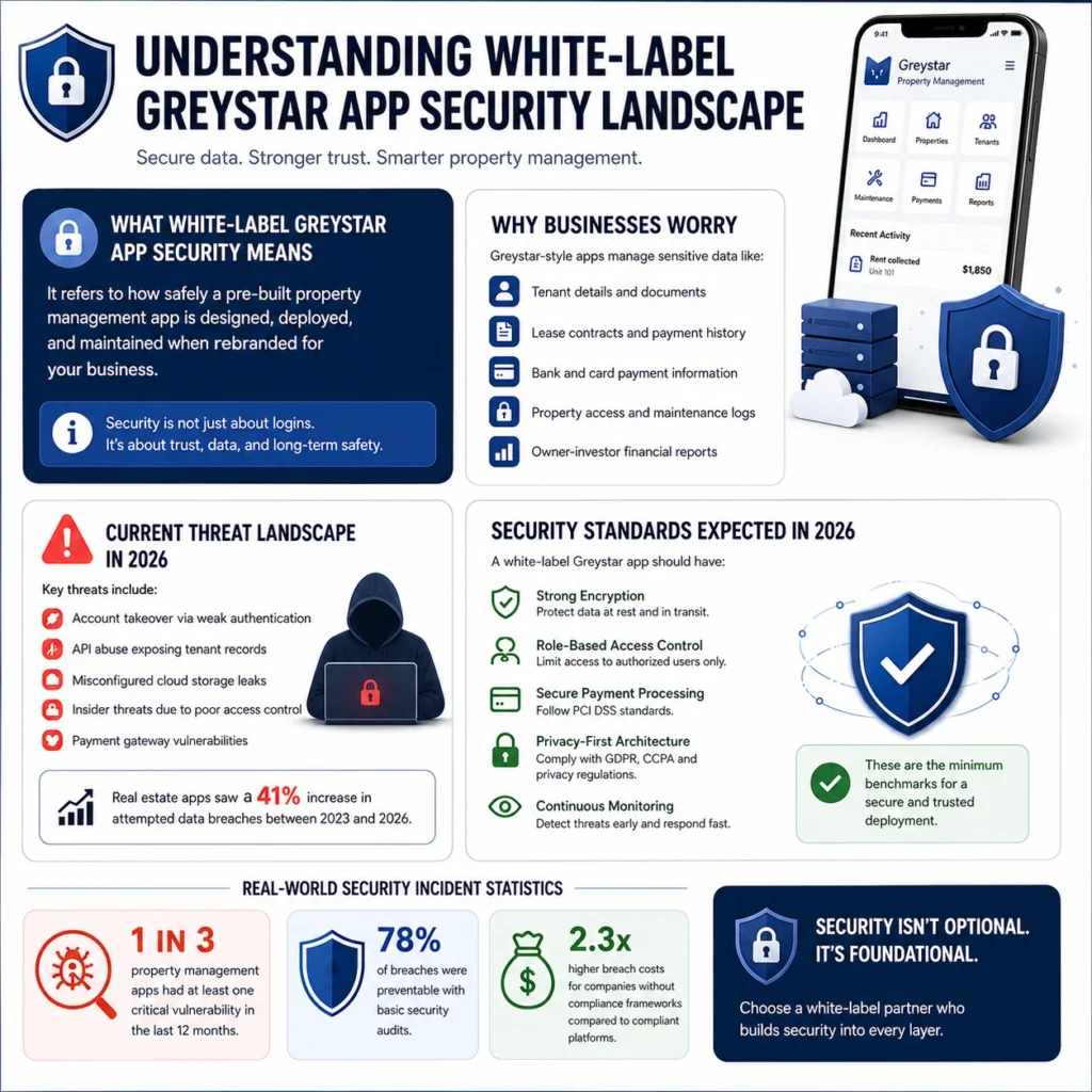 White-label Greystar app security infographic covering sensitive property data, cyber threats, encryption, access control, secure payments, privacy, and monitoring.