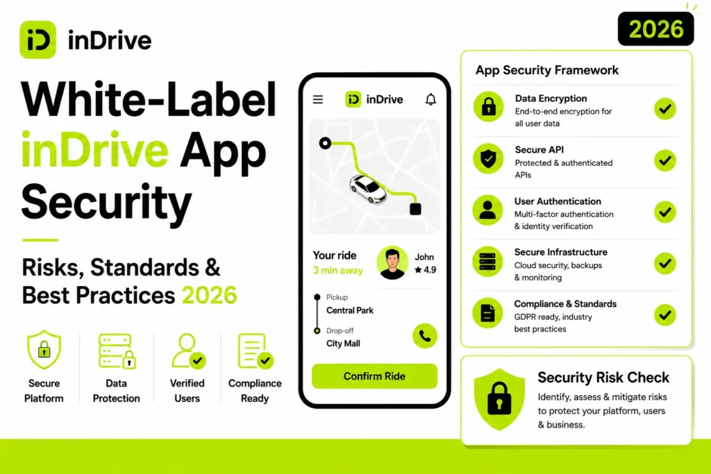 White-label inDrive app security framework featuring data encryption, secure APIs, user authentication, infrastructure security, and compliance standards