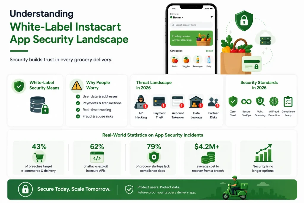 White-Label Instacart App Security: What Founders Must Know in 2026 1 White-label Instacart app security infographic showing grocery delivery app protection, user data and address safety, payment security, real-time tracking risks, API hacking, account takeover, fraud detection, compliance readiness, and secure grocery delivery standards for 2026.